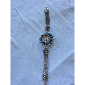 Turquoise Red Beaded Quartz Watch‎ Silver Tone Chain Bracelet Women's